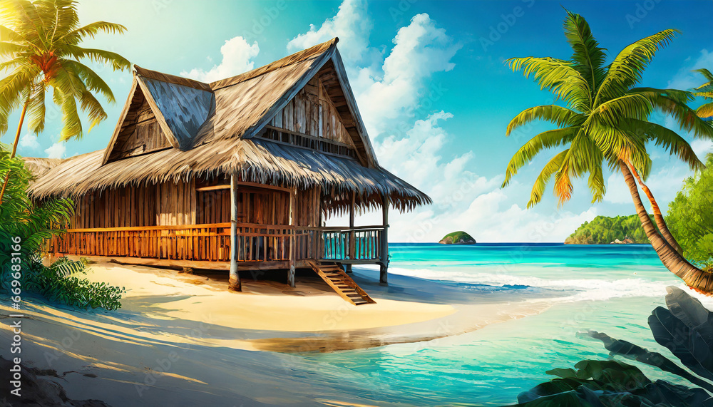 ai generated ai generative tropical exotic paradise coast beach island sea ocean vacation with old wood house graphic art