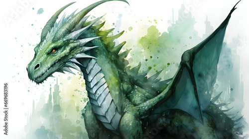 watercolour illustration of green dragon photo