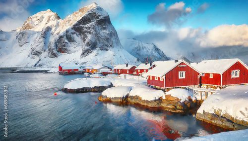 snowy winter view of justad fishing village on vestvagoy island with red chalets on background cold morning scene of lofoten islands after huge snowfall traveling concept background photo
