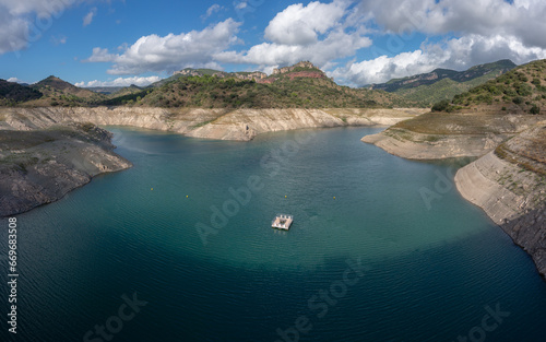 A view of the Pantà de Siurana lake with very low water level @ Cornudella de Montsant, Catalonia, Spain.