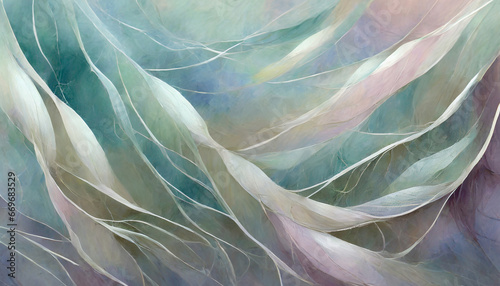 the wind in the willows abstract impressionism smooth wavy segments made of gossamer silk intricate details 8k harmonious waves vibrant pastel color gradient in the style of layered translucency © Mary