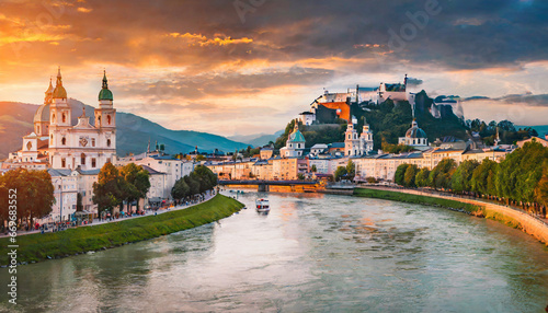 panoramic summer cityscape of salzburg old city birthplace of famed composer mozart great sunset in eastern alps austria europe adorable evening landscape with salzach river photo