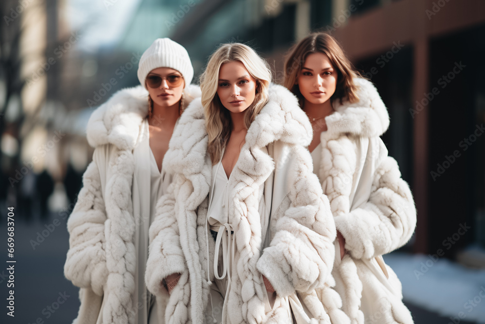 Fashion models wearing white winter fur coats. Outdoor portrait in daylight. Warm clothes concept - obrazy, fototapety, plakaty 