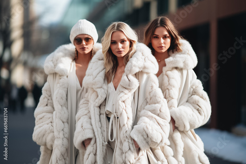 Fashion models wearing white winter fur coats. Outdoor portrait in daylight. Warm clothes concept