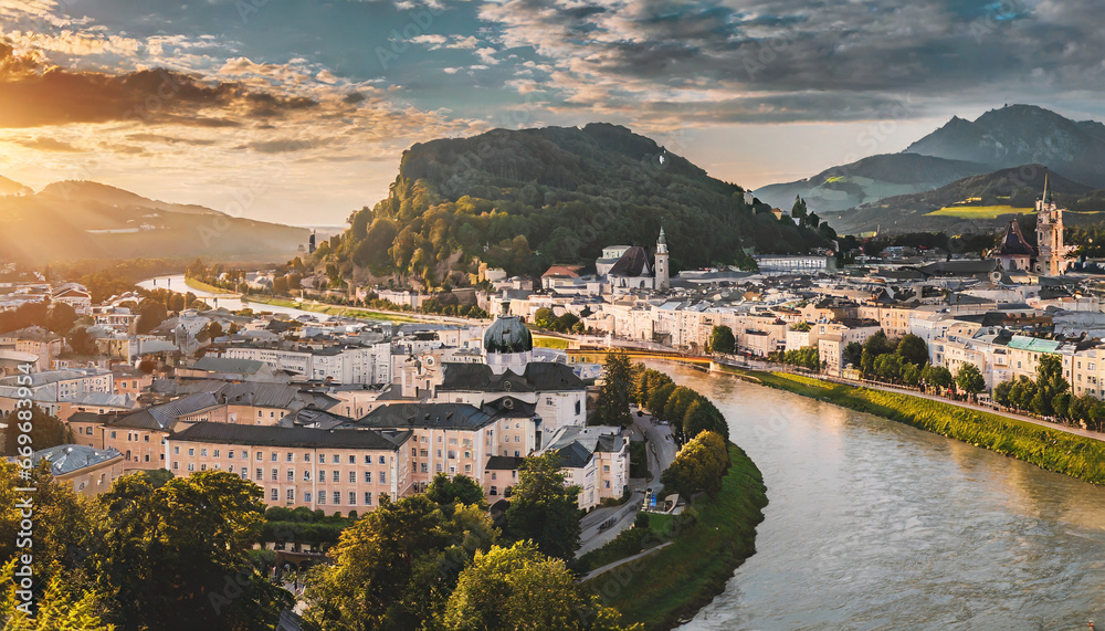 Fototapeta premium panoramic summer cityscape of salzburg old city birthplace of famed composer mozart great sunset in eastern alps austria europe adorable evening landscape with salzach river