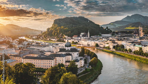 panoramic summer cityscape of salzburg old city birthplace of famed composer mozart great sunset in eastern alps austria europe adorable evening landscape with salzach river