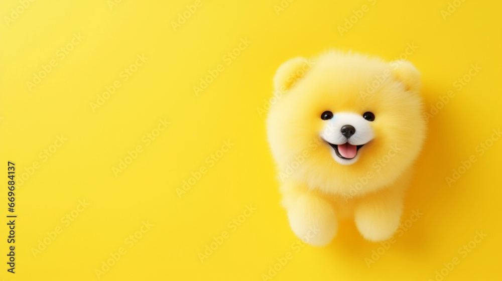 Cute smiling yellow dog on a bright yellow background. Happy pet. Stock
