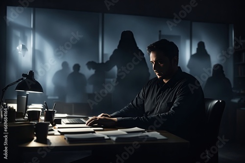 Man working at desk on background shadows.