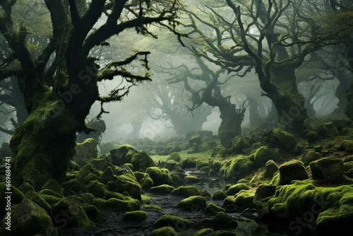 Mysterious misty woods with ancient mossy trees  enchanting scenery. Generative AI