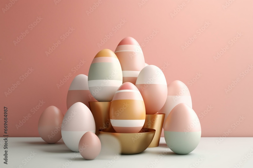 Pastel Easter eggs on seamless background with minimalistic still life pattern. 3D rendering illustration. Generative AI