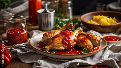 Fried chicken legs with ketchup in a plate