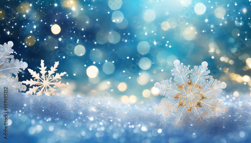 winter wonderland sparkling snowflakes on glittery blue bokeh background