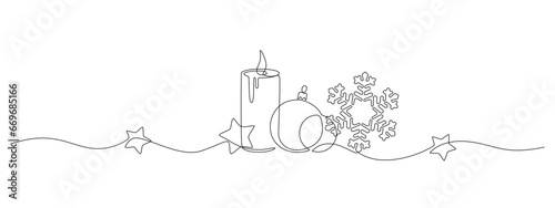 One continuous line drawing of Christmas greeting card. Festive candle with snowflake and christmas tree toy for winter xmas holiday concept in simple linear style. Doodle outline vector illustration