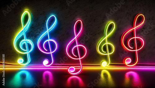 multicolored neon glowing treble clefs abstract luminous background with empty space for text or product photo