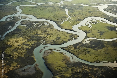 An AI illustration of a river winding through a marsh like area with grass around it photo