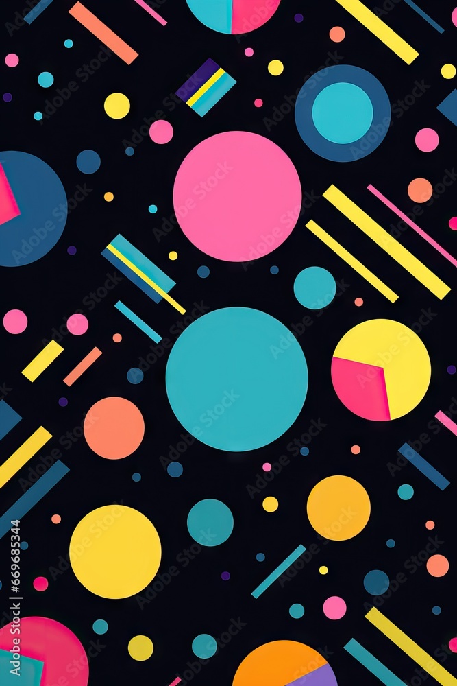 Obraz premium Creative geometric colorful shapes on black background. Abstract design for print, t-shirt, paper, poster, banner, card. Pop art. Neo memphis, vaporwave, retrowave style
