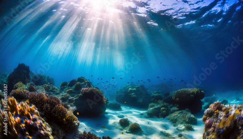 sunlit serenity exploring underwater realm beneath surface capturing magic of ocean oceanic sunbeams enchanting depths of sea © Mary