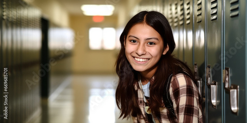 High School Life: Smiling Teen Girl at Locker in Hallway Portrait