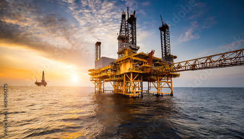 offshore oil and rig platform in sunset or sunrise time construction of production process in the sea generative ai photo