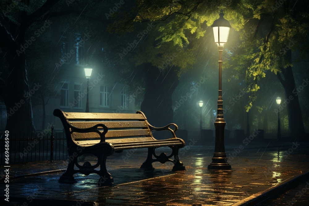A bench in rain by a street lamp in a park with trees and a lamp post in the foreground and a street lamp in the background. Generative AI - obrazy, fototapety, plakaty 