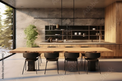 3D rendering of contemporary kitchen with wooden table against natural backdrop. Generative AI © Jovanni