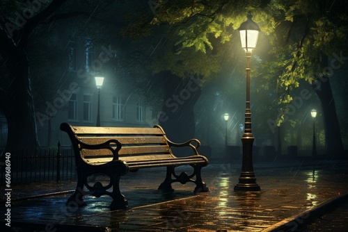 A bench in rain by a street lamp in a park with trees and a lamp post in the foreground and a street lamp in the background. Generative AI