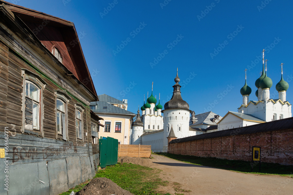 Rostov the Great, Russia - September 24, 2023: street of the old city near the Kremlin wall, Golden Ring of Russia