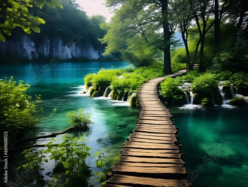 A tranquil path leads over a peaceful river, surrounded by lush trees and vibrant plants, towards the breathtaking plitvice lakes national park