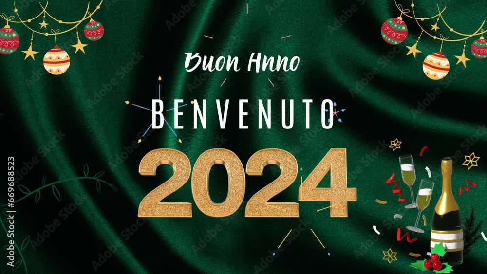 Felice anno nuovo, benvenuto 2024 design del testo animato. Sfondo verde e tema natalizio.Translate:Happy New Year, Welcome 2024 animated text design . Green background and christmas theme.
