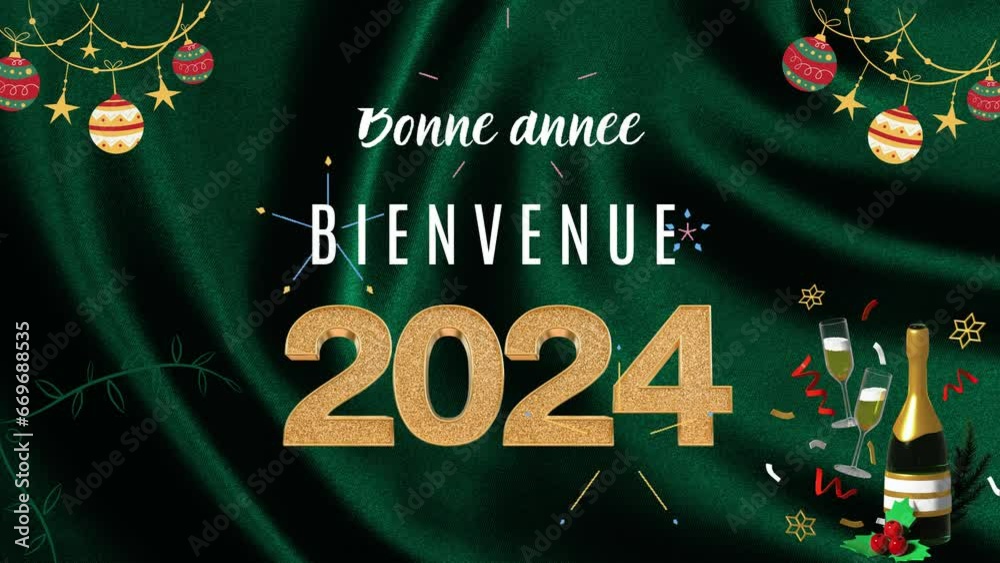 Bonne année, bienvenue 2024 conception de texte animé. Fond vert et thème de Noël.Translation:Happy New Year, Welcome 2024 animated text design . Green background and christmas theme.