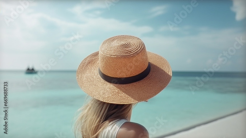 A woman in a hat looks into the distance at a beautiful seascape. AI Generated