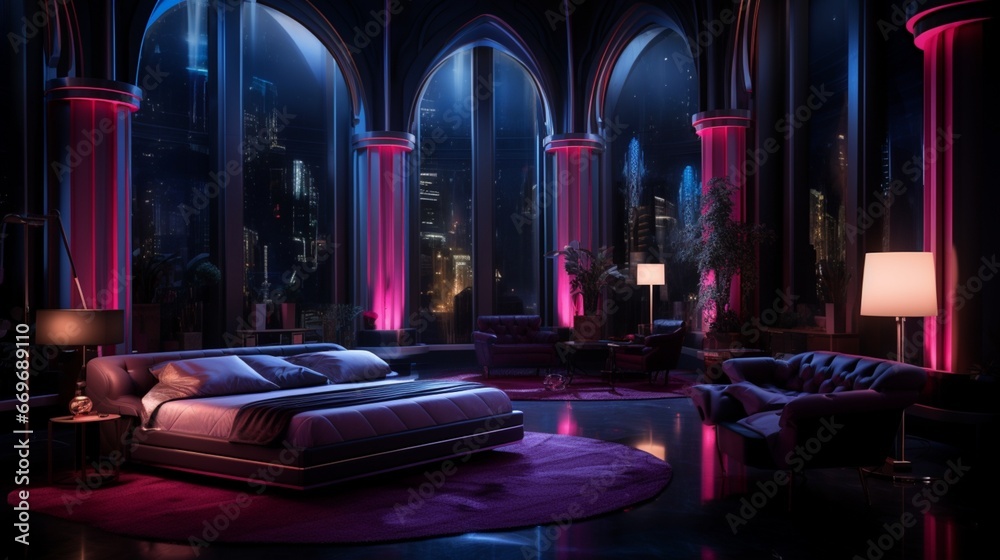 A bedroom with neon lights highlighting architectural details like columns and cornices.