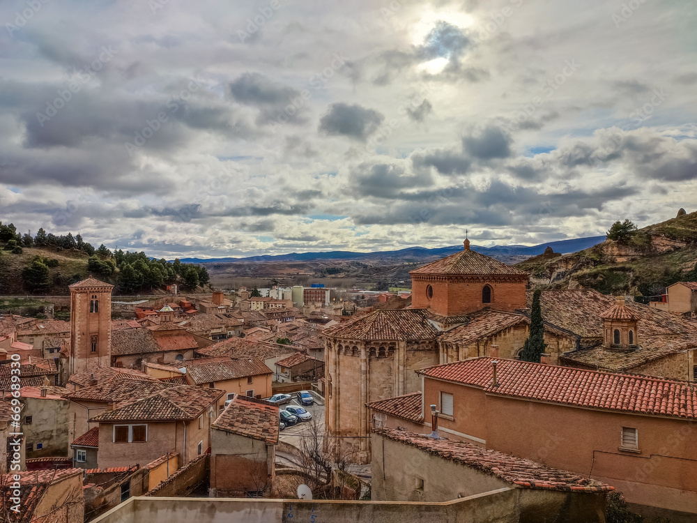 Daroza, Zaragoza, Spain. Top view sunset over Daroca antique village with tile roofs