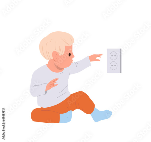 Little toddler boy child cartoon character playing with socket home electricity isolated on white