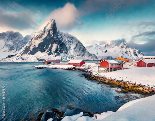 Panoramic winter view of Justad fishing village on Vestvagoy island with snowy peaks on background. Gloomy morning scene of Lofoten Islands after huge snowfall. Traveling concept background photo