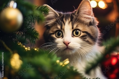 Funny cat playing with Christmas tree. Naughty cute kitten. Beautiful background with festive decoration and cute pet. Christmas and New Year holiday concept