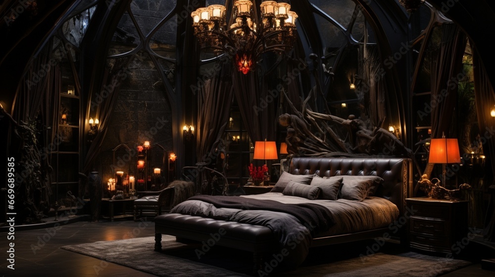 A luxurious bedroom with a neon-lit chandelier and plush bedding.