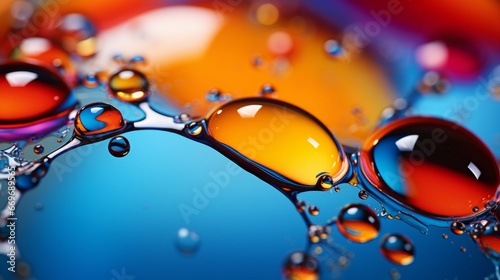 Macro photography showcasing abstract and colorful food oil drops, bubbles, and spherical shapes gracefully flowing on the surface of water. This mesmerizing composition captures the vibrant world