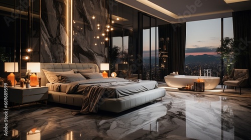 A luxurious bedroom with neon lights reflecting off a marble floor.