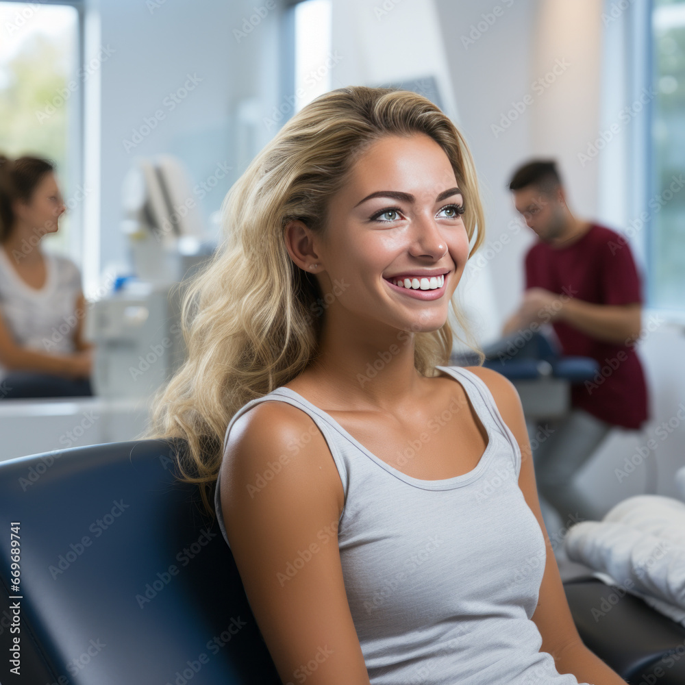 Smiling woman in tank top at modern workspace
