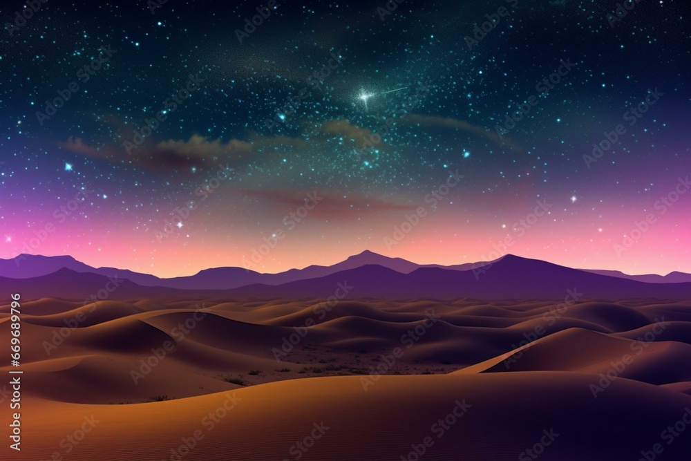 Scenic landscape featuring tranquil desert dunes and a vibrant gradient sky adorned with stars. Generative AI