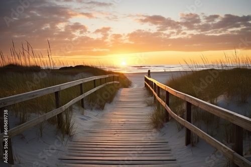 landscape with wooden beach access path during sunset  beautiful sky backlight scene