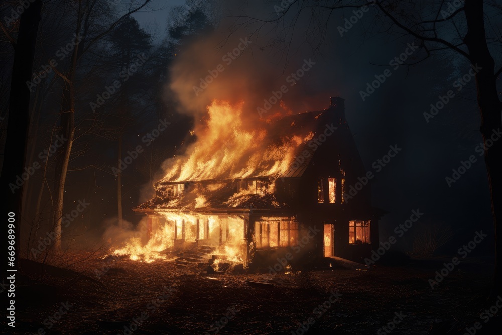 Wooden house or barn burning on fire at night. Single family detached home completely destroyed by fire. Wildfire Wooden house or barn burning on fire at night. Single family detached home completely destroyed by fire. Wildfire