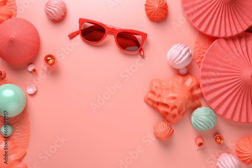 Top view of beach setup on pink background. Summer vacation theme. 3D rendered image. Generative AI