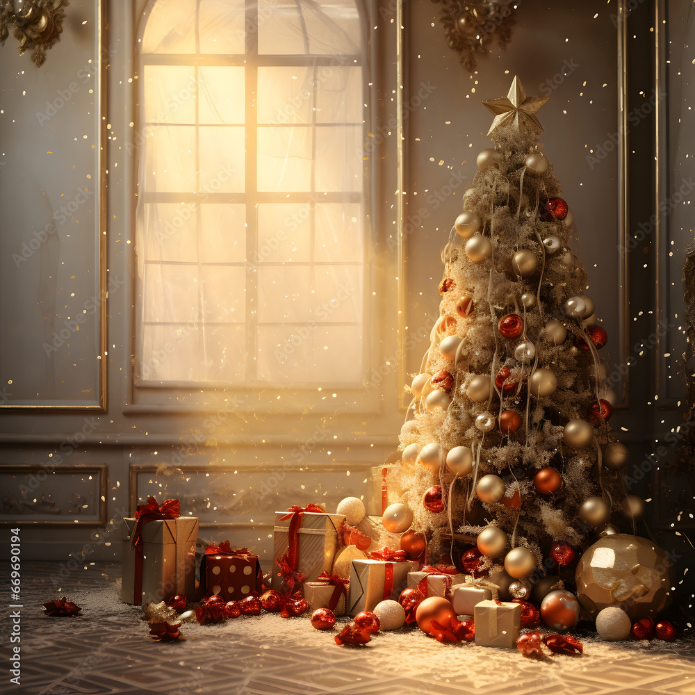 Christmas tree with romantic colorful decorations and  gifts box with beautiful festive in home with retro window and sunshine.