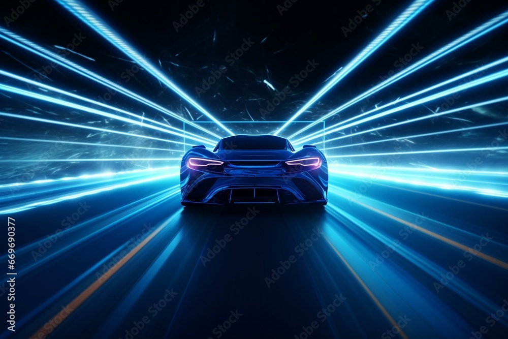 Detailed silhouette of a fast sports car racing through a tunnel into light, a supercar made of blue lines speeding on a highway. VFX special effect. Generative AI