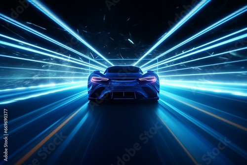 Detailed silhouette of a fast sports car racing through a tunnel into light, a supercar made of blue lines speeding on a highway. VFX special effect. Generative AI