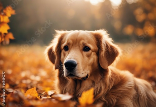 Happy golden retriever dog on Autumn nature background wide web banner Autumn activities for dogs