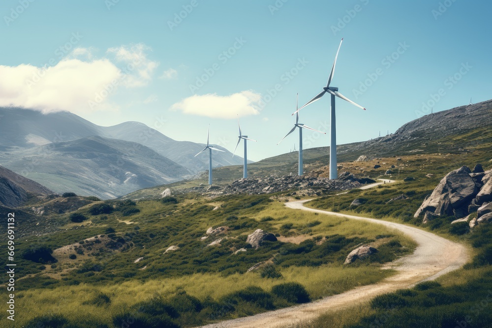 Panoramic view of wind farm or wind park, with high wind turbines for generation electricity. Green energy concept. Banner with copy space Panoramic view of wind farm or wind park, with high wind turbines for generation electricity. Green energy concept. Banner with copy space