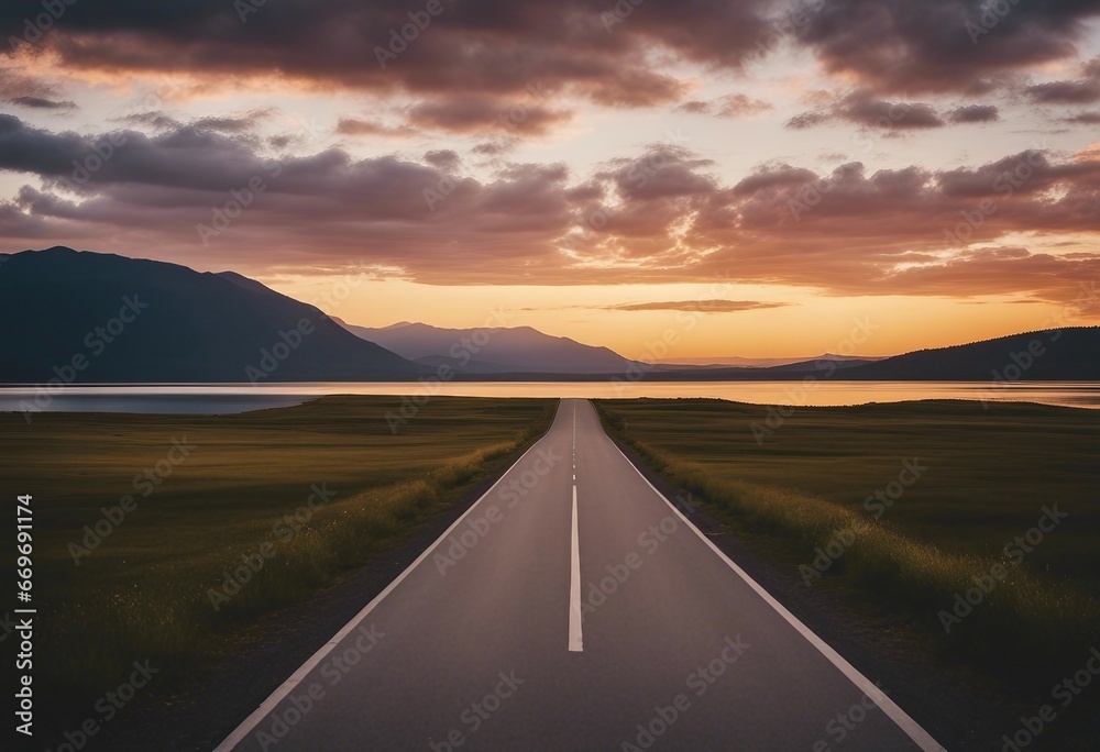 The empty road leading to the lake by sunset adventure-themed landscape vistas